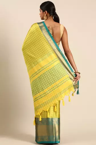 Lemon Rama Green Self Jacqurd Cotton Silk Dharmavarm Saree With Blouse