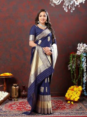 Women's latest design navy color soft silk saree with blouse piece 2