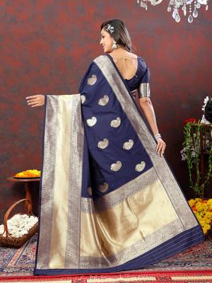 Women's latest design navy color soft silk saree with blouse piece 3