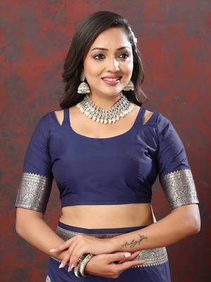 Women's latest design navy color soft silk saree with blouse piece 4