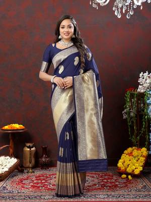Women's latest design navy color soft silk saree with blouse piece 5