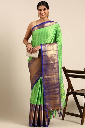 Light Green Green Self Jacqurd Cotton Silk Dharmavarm Saree With Blouse