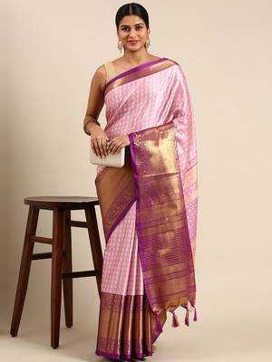 Peach Self Jacqurd Cotton Silk Dharmavarm Saree With Blouse 1
