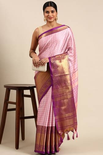 Peach Self Jacqurd Cotton Silk Dharmavarm Saree With Blouse