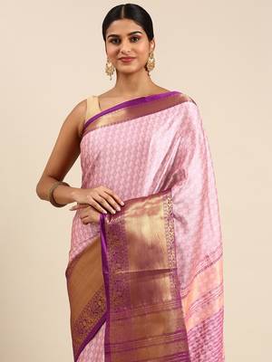 Peach Self Jacqurd Cotton Silk Dharmavarm Saree With Blouse 2