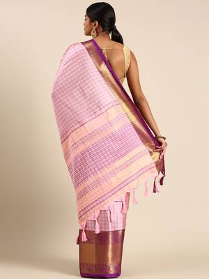 Peach Self Jacqurd Cotton Silk Dharmavarm Saree With Blouse 3