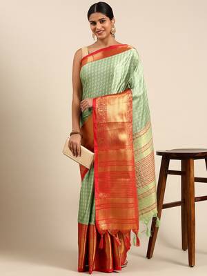 Pista Green Self Jacqurd Cotton Silk Dharmavarm Saree With Blouse 1