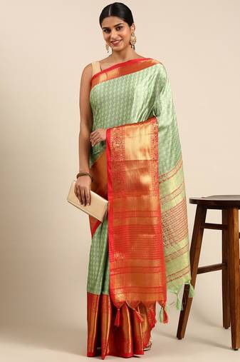 Pista Green Self Jacqurd Cotton Silk Dharmavarm Saree With Blouse
