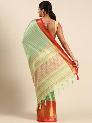 Pista Green Self Jacqurd Cotton Silk Dharmavarm Saree With Blouse 3