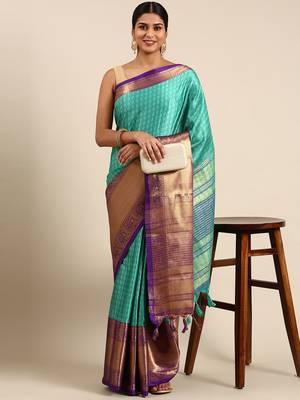 Rexona Blue Self Jacqurd Cotton Silk Dharmavarm Saree With Blouse 1