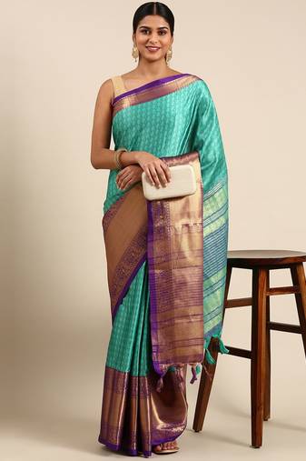 Rexona Blue Self Jacqurd Cotton Silk Dharmavarm Saree With Blouse
