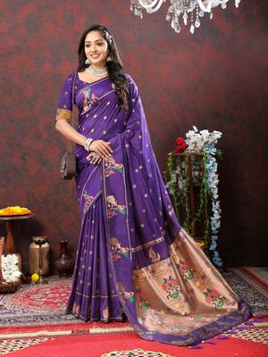 Women's latest design purple color paithani silk saree with blouse piece 1