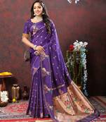 Women's latest design purple color paithani silk saree with blouse piece