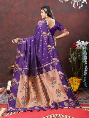 Women's latest design purple color paithani silk saree with blouse piece 3