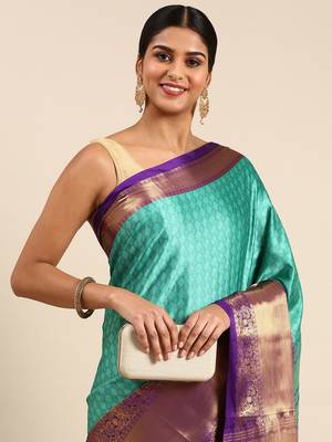 Rexona Blue Self Jacqurd Cotton Silk Dharmavarm Saree With Blouse 2