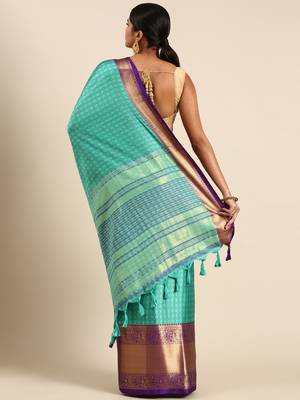 Rexona Blue Self Jacqurd Cotton Silk Dharmavarm Saree With Blouse 3