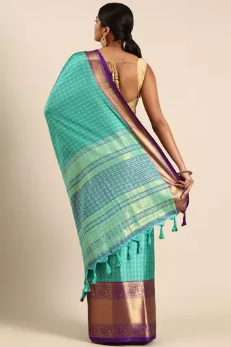 Rexona Blue Self Jacqurd Cotton Silk Dharmavarm Saree With Blouse