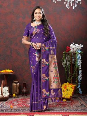 Women's latest design purple color paithani silk saree with blouse piece 5