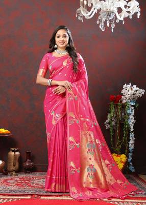 Women's latest design pink color paithani silk saree with blouse piece 1