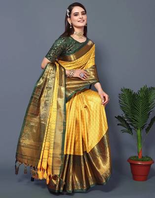Yellow Self Jacqurd Cotton Silk Dharmavarm Saree With Blouse 1