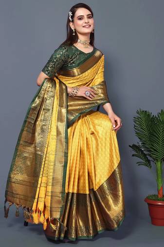 Yellow Self Jacqurd Cotton Silk Dharmavarm Saree With Blouse