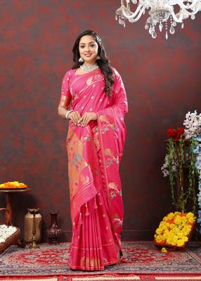 Women's latest design pink color paithani silk saree with blouse piece 2