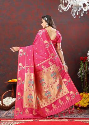 Women's latest design pink color paithani silk saree with blouse piece 3