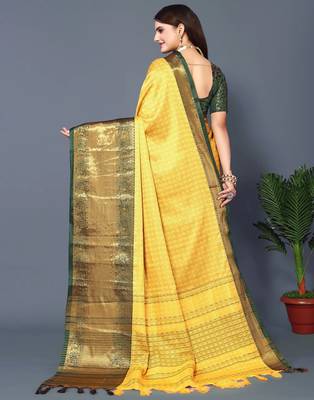 Yellow Self Jacqurd Cotton Silk Dharmavarm Saree With Blouse 2