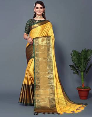 Yellow Self Jacqurd Cotton Silk Dharmavarm Saree With Blouse 3