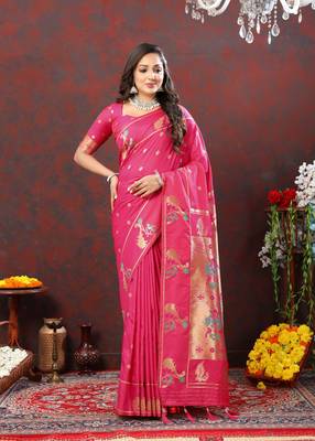 Women's latest design pink color paithani silk saree with blouse piece 5