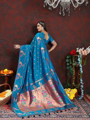 Women's latest design rama color paithani silk saree with blouse piece 2