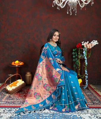 Women's latest design rama color paithani silk saree with blouse piece 3