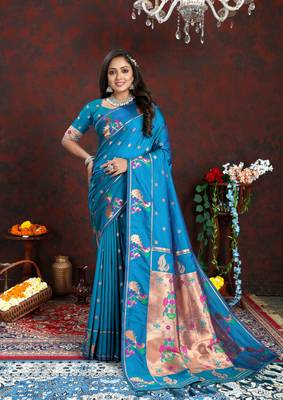 Women's latest design rama color paithani silk saree with blouse piece 5