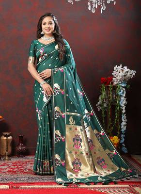 Women's latest design green color paithani silk saree with blouse piece 1