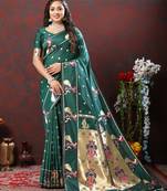 Women's latest design green color paithani silk saree with blouse piece