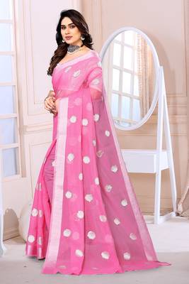 Baby Pink Sequince Embrodery Chanderi Silk Fancy Saree With Blouse 2