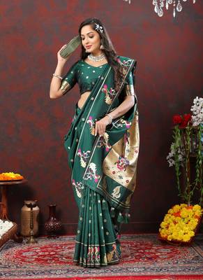 Women's latest design green color paithani silk saree with blouse piece 2