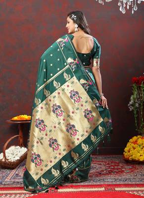 Women's latest design green color paithani silk saree with blouse piece 3