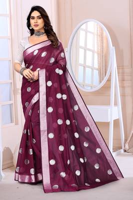 Magenta Sequince Embrodery Chanderi Silk Fancy Saree With Blouse 1