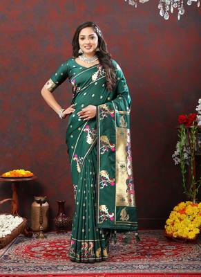 Women's latest design green color paithani silk saree with blouse piece 5