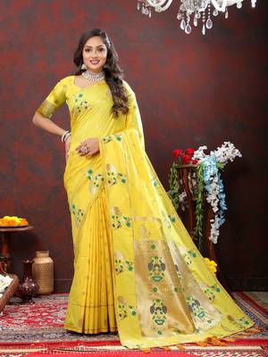 Women's latest design lightyellow color paithani silk saree with blouse piece 1