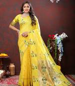 Women's latest design lightyellow color paithani silk saree with blouse piece