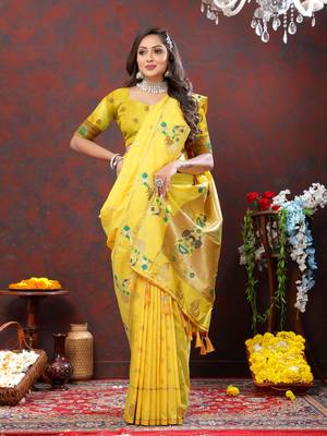 Women's latest design lightyellow color paithani silk saree with blouse piece 2