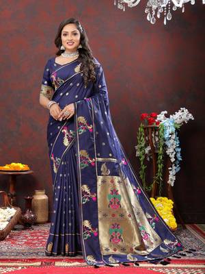 Women's latest design navy color paithani silk saree with blouse piece 1