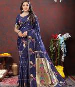 Women's latest design navy color paithani silk saree with blouse piece