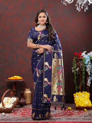 Women's latest design navy color paithani silk saree with blouse piece 2