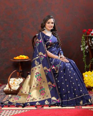 Women's latest design navy color paithani silk saree with blouse piece 5
