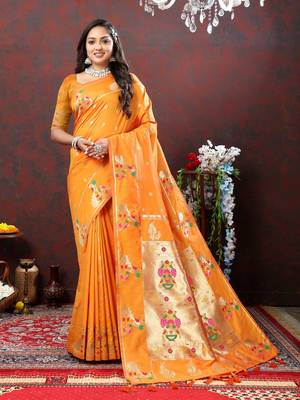 Women's latest design orange color paithani silk saree with blouse piece 1