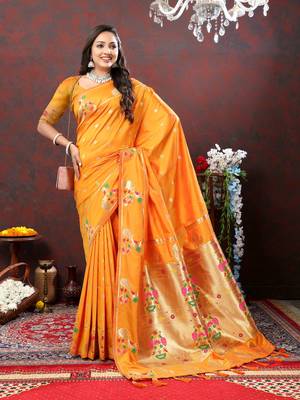 Women's latest design orange color paithani silk saree with blouse piece 2