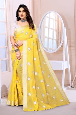Yellow Sequince Embrodery Chanderi Silk Fancy Saree With Blouse 1